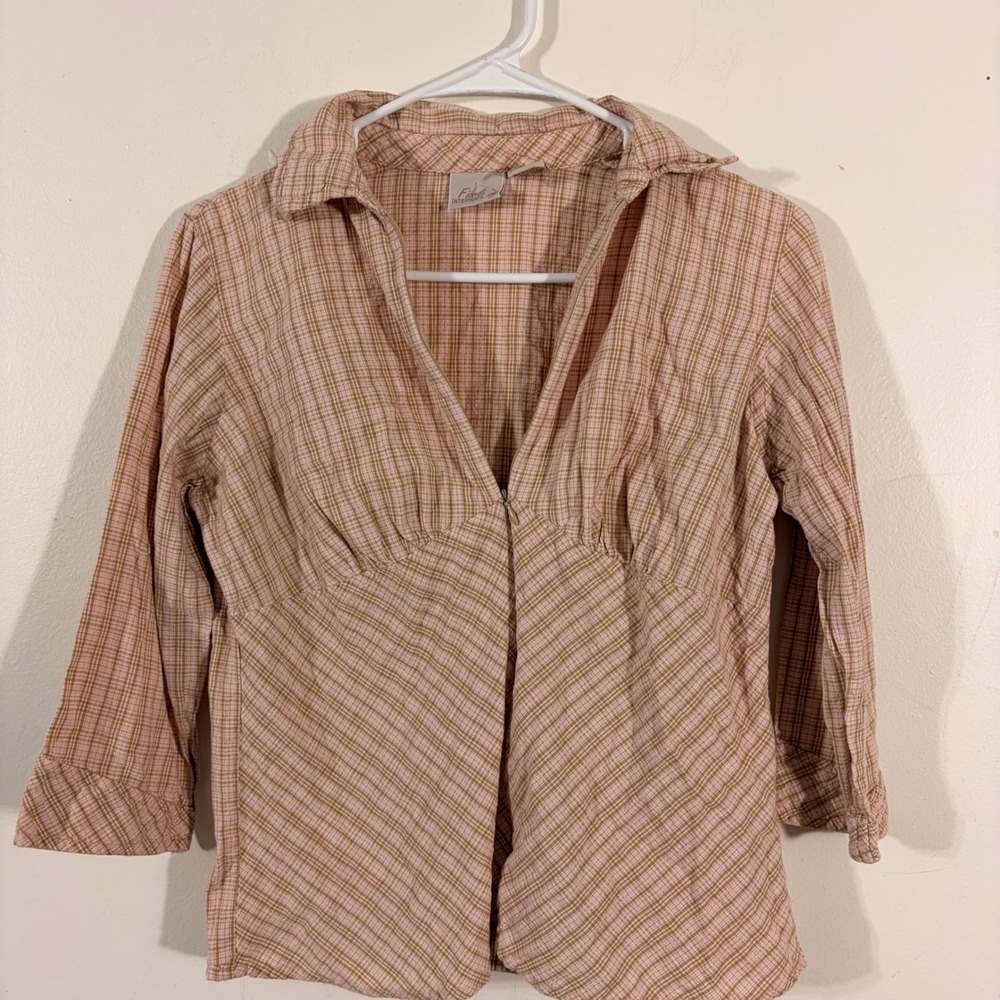 Fiorlini International Blouse Womens Small Pink Tan Plaid Cotton V-Neck